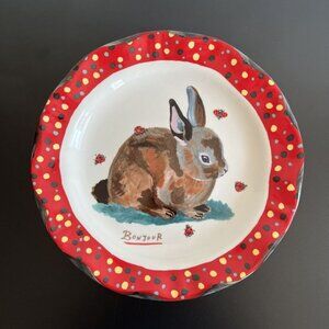 Natalie Lete Anthropologie dinner plate 10" bunny rabbit bonjour print red